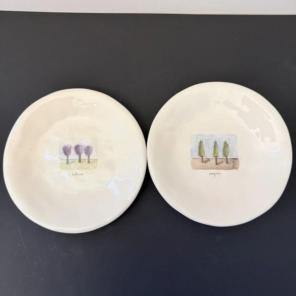 Vintage Pottery Barn Rae Dunn Tea Garden Believe Inspire Plate Set Lot of 2